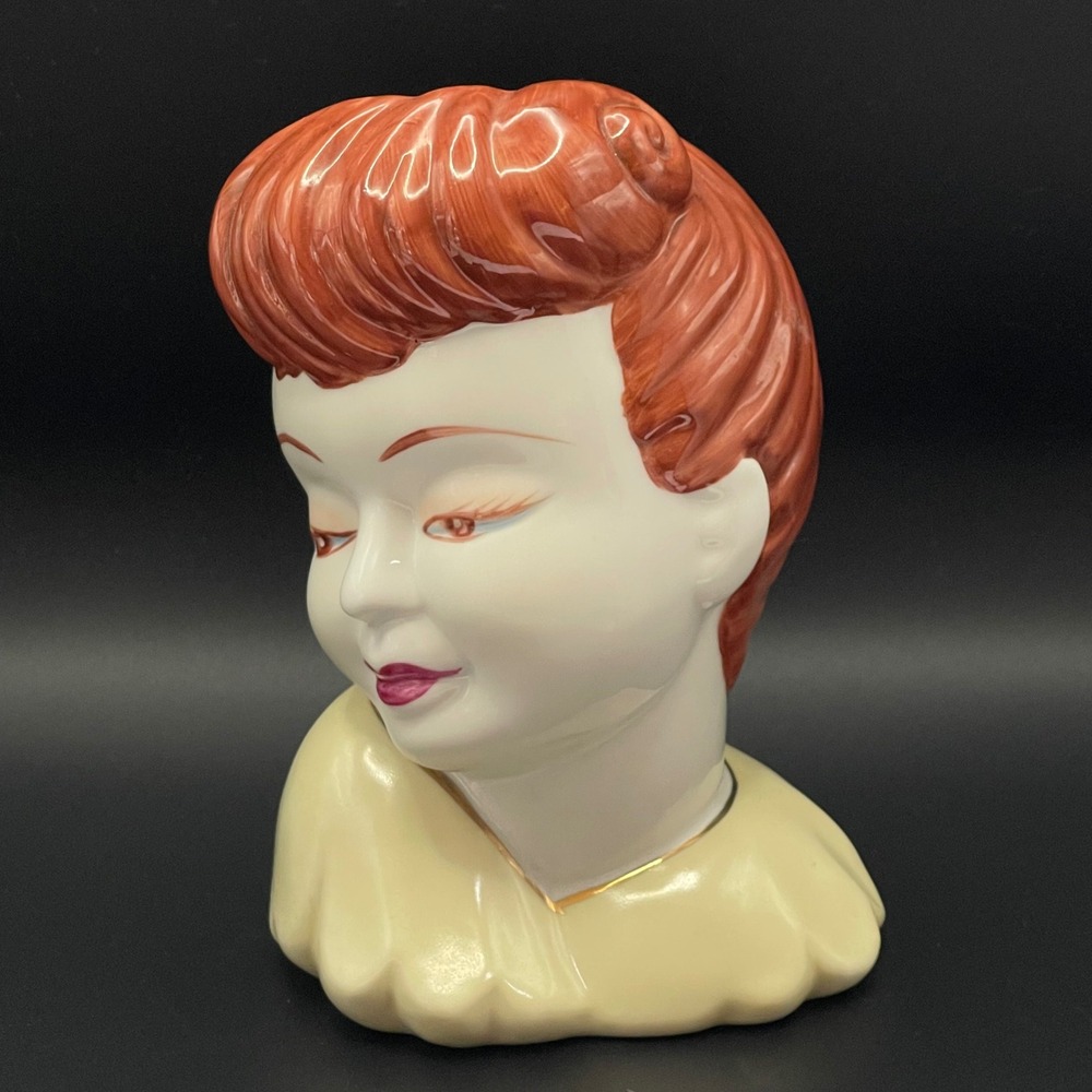 Vintage Lady Head Vase Glamour Girl Redhead Yellow Dress Ceramic Planter MCM